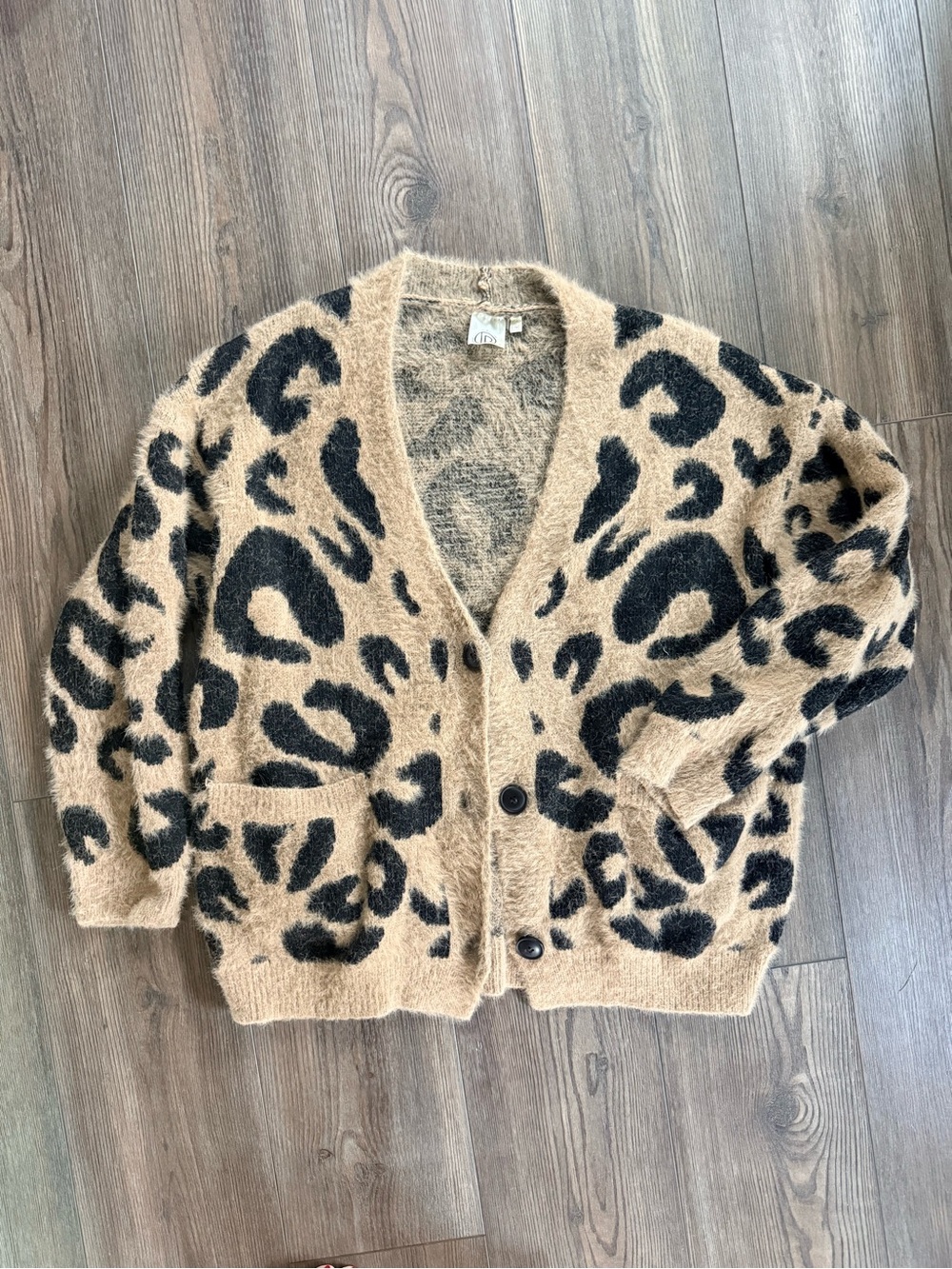 RD Style Tan and Black Leopard-Print Fuzzy Cardigan